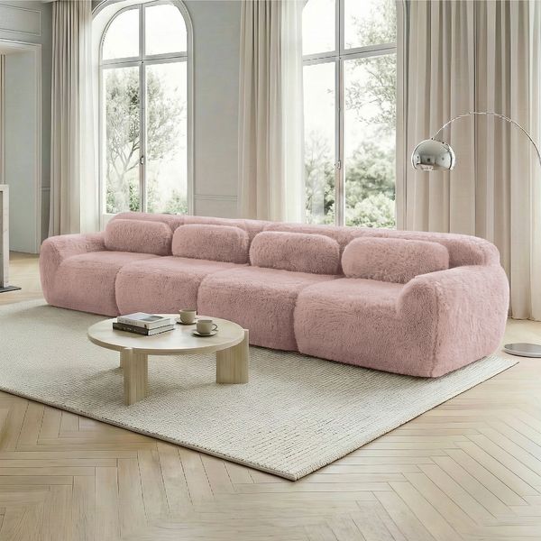 Flieks 4-Sitzer Sofa, rahmenlos modular Sofa mit 4 Kissen, rutschfester Boden, Plüsch, Rosa