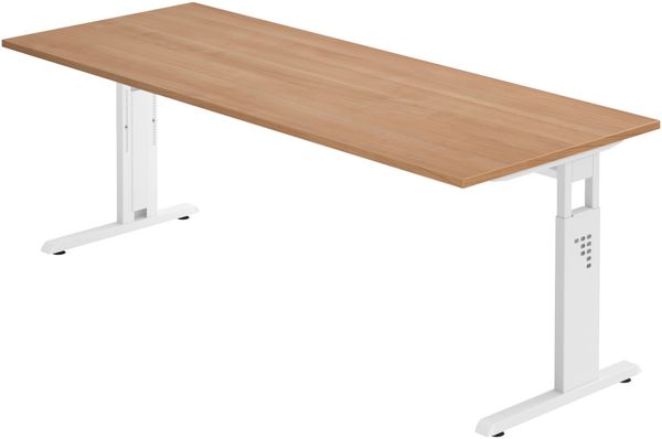 bümö höhenverstellbarer Schreibtisch O-Serie 200x80 cm in Nussbaum, Gestell in weiß - großer PC Tisch für's Büro manuell höhenverstellbar, Computertisch verstellbar, OS-20-N-W