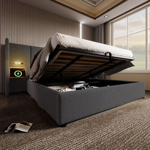 REDOM Polsterbett Hydraulisches Funktionsbett (Struraumbett, Doppelbett, Funktionsbett, 1-tlg, 180×200cm, ohne Matratze), mit Nachttisch, Leselampe und USB Type-C Ladefunktion