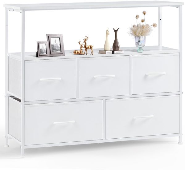 Sweetcrispy Kommode,TV Schrank Stand für Schlafzimmer mit 5 Stoffschubladen,Sideboard Wohnzimmer für 115cm TV,Einstellbare Füße Schubladenschrank, Weiß