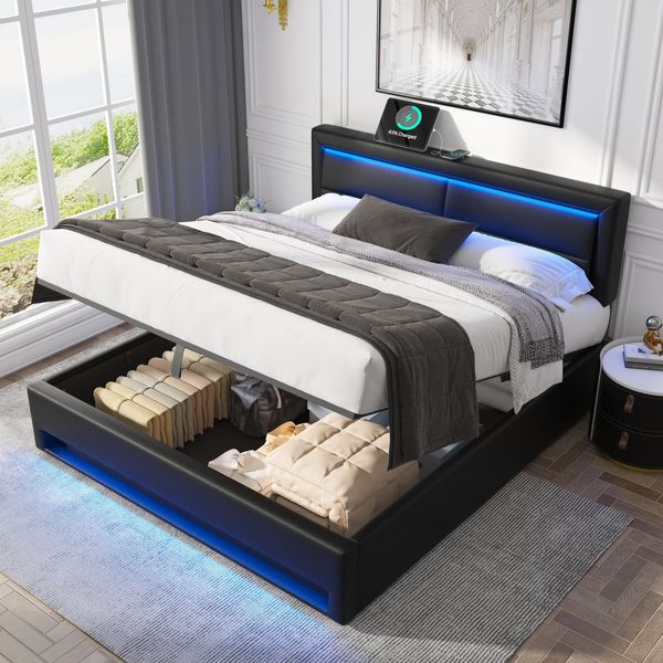 Merax Polsterbett, Doppelbett, 140 x 190 cm, mit USB-Anschluss (unterstützt kabelloses und kabelgebundenes Laden), LED-Beleuchtung und Stauraum, PU, schwarz