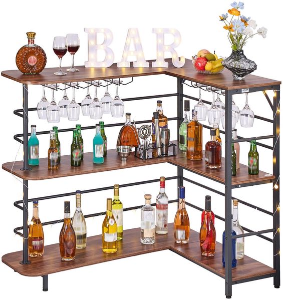 VEVOR L-Förmige Hausbar mit Stauraum, Bartheke mit 3 Ebenen & Weinglashalter, 99,8 kg Belastbar, Eck-Bartresen aus Holzwerkstoff für Zuhause Küche Wohnzimmer Keller, Bartisch 1200 x 900 x 1095 mm