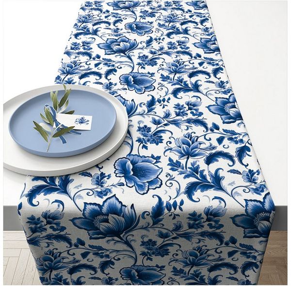 Ambiente® Tischläufer Delft Blue florals (1-tlg, 1-teilig), Tischläufer Tischdecke ca. 40x150cm Baumwolle