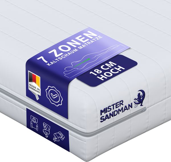 Mister Sandman Kaltschaum Matratze 90x200 – 18 cm Höhe, Härtegrad H2/H3, 7 Zonen, ergonomisch & pflegeleicht