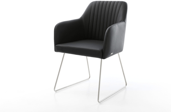 Esszimmerstuhl Greg-Flex Echt-Leder Schwarz Kufengestell Edelstahl Taschenfederkern