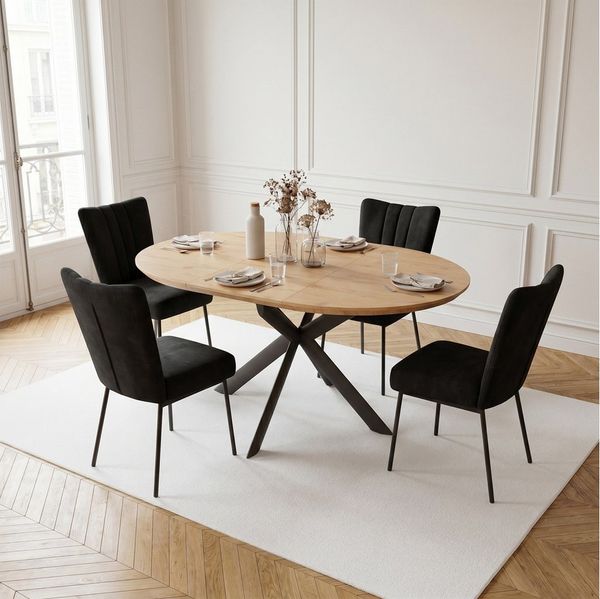 Jiexi Essgruppe Esstisch ausziehbar rund bis oval MDF-Platte mit Samtstühlen