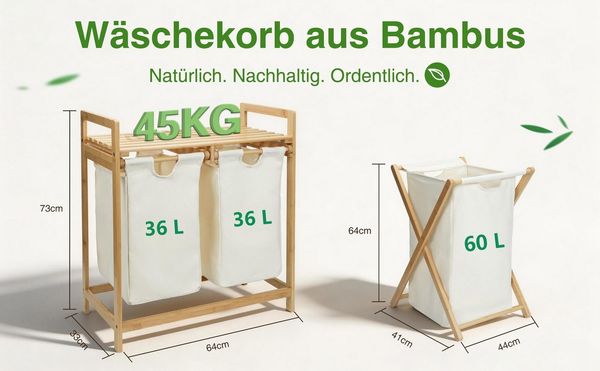 Zedelmaier Wäschekorb aus Bambus, Wäschesammler mit Fächern, Wäschesortierer Holz