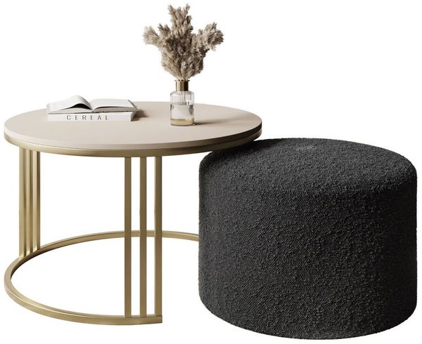Lookway Couchtisch LORI MATT mit Hocker auf einem gebürsteten goldenen Gestell (1 Tisch mit Hocker), Durchmesser: ⌀70 cm