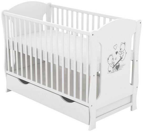 Baby-Delux Babybett Lia, Kinderbett 60x120 cm weiß Schublade Kiefer Teddy Wippe Motiv Matratze