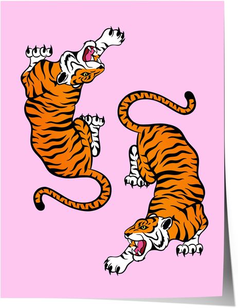 Tiger Duo Poster · Springende Tiger Illustration · Wild Animal Art · Rosa Hintergrund · Modern · Print ohne Rahmen - 20x25 cm