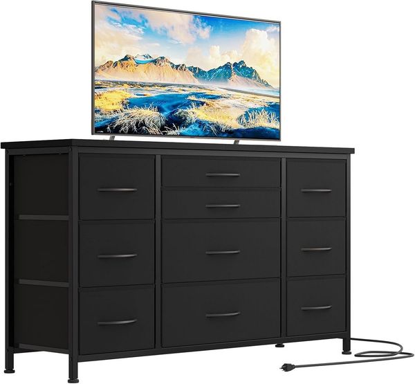 GarveeMore Kommode Mit 10 Schubladen,Stoffschubladen & 3 Steckdose,120*39*70cm, stabiler Metallrahmen,Für kleine Räume