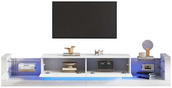 BlingBin TV-Schrank Lowboard mit LED-Beleuchtung (1er Set, 1-St, Glasfront, zwei klappbare Schubladen) 181 cm – Für Fernseher bis 80 Zoll