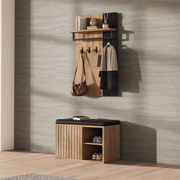 MODFU Garderoben-Set Wandgarderobe Kleiderschrank Schuhschrank, (Schuhbank Flurmöbel Schuhschrank mit 2 Türen und 8 Haken Schwarz und Naturfarben, 2-St, B70/D36/H146 cm)