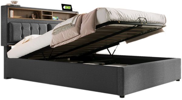 Polsterbett 140x200 cm mit verstellbarem Kopfteil, Stauraum & USB‑Type‑C Ladebox, Leinenoptik, inkl. Lattenrost,Grau,Es gibt eine Matratze.
