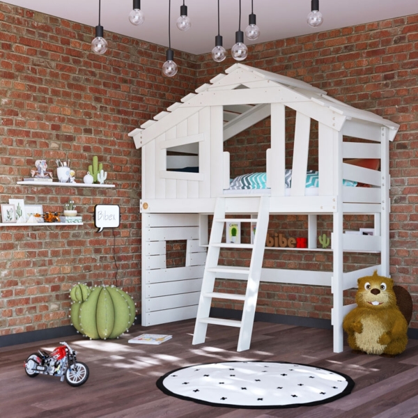 BIBEX ‘Alpin Chalet‘ Hochbett mit Hangeregal, massive Kiefer, weiss, 90 x 200 cm