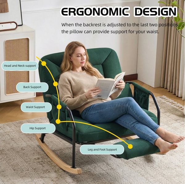 Leawin Schaukelstuhl Wohnzimmer mit Hocker & gepolstertem Kissen Cord, Großer Relax Schaukelstuhl mit Liegefunktion Cord