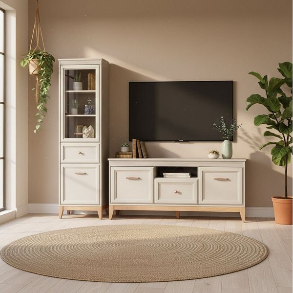 Lomadox Wohnzimmer-Set WILNA-161, (Mega-Spar-Set, 2-St, Vitrine Lowboard), Kaschmir, feine Profilfräsung, Massivholz Füße, Landhaus Stil