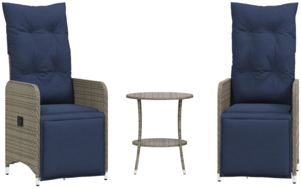 vidaXL Gartenstühle Verstellbar 2 Stk. mit Tisch Grau Poly Rattan 365709