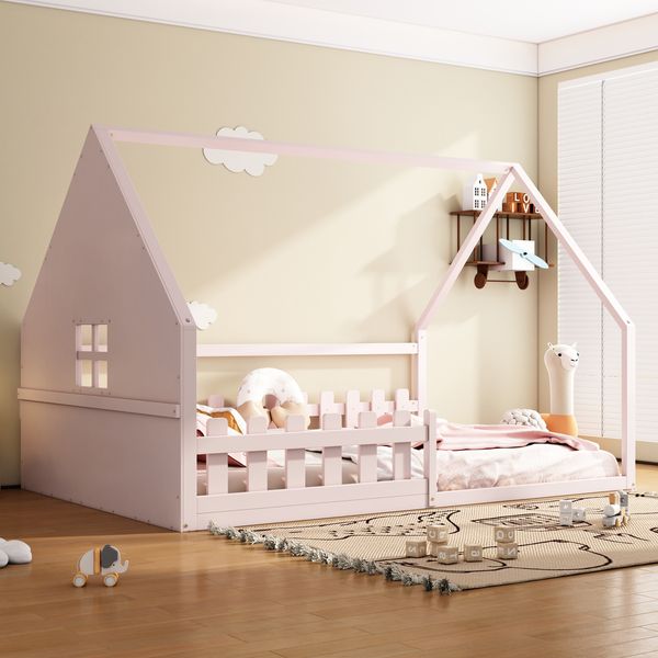 Kinderbett Hausbett 140x200 cm mit Geländer,Montessori Holzbett aus Kiefernholz, Kinder Haus-Bett mit Dachrahmen,Rosa,inklusive Taschenfederkern