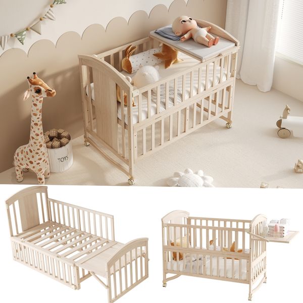 Merax Mehrfunktionales naturholzfarbenes Holz-Babynetzbett: mit Wickeltisch, klappbarem Ablagerack, verlängerbar, als Nebenbett nutzbar, ohne Matratze, 120*60*95cm (um 40cm verlängerbar)