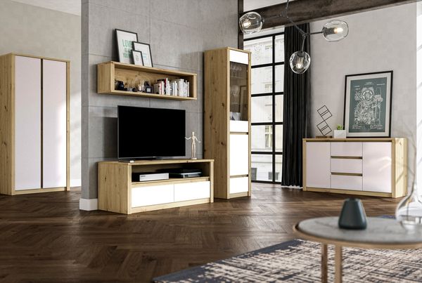 Wohnzimmer-Set ""Malta"" Anbauwand 5-teillig grifflos artisan eiche weiß