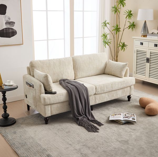 2-Sitzer Sofa Chenille Beige mit LED & USB, 175x83x78 cm