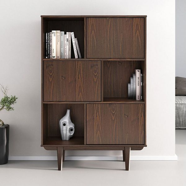 IDIMEX Highboard SIMONA, Wohnzimmerschrank offene Fächer & 3 Türen Massivholz nussbaum farben
