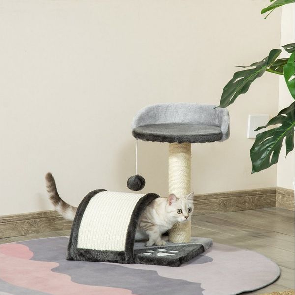 PawHut Kratzbaum Katzenbaum mit Spielbällen Katzenkratzbaum, Sisalseil-Kratzstangen Grau 35.5 x 37 x 46 cm