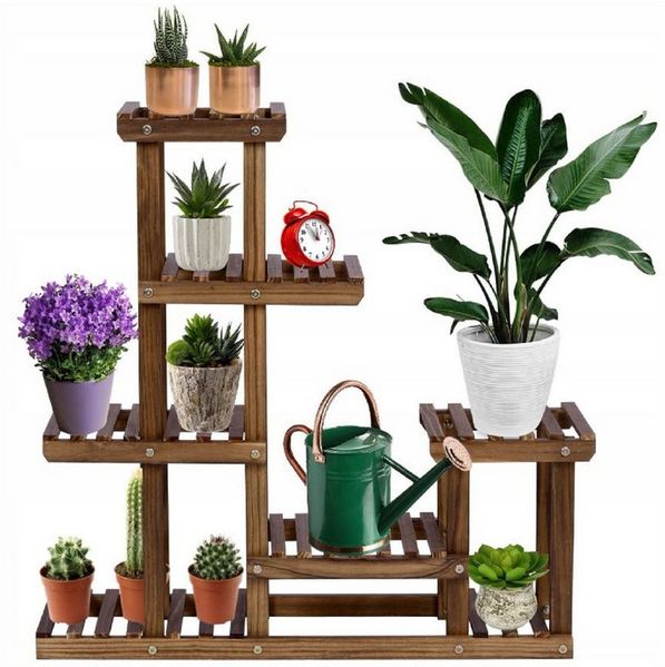 QLS Blumenständer aus Holz mit 5 Ebenen 73x20x73 cm, Pflanzenregal für innen Braun natürliche Holzoptik