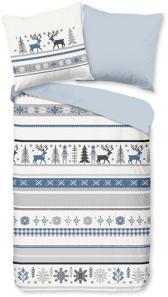 Good Morning Flanell Bettwäsche 135x200 Aila Winter Hirsch Tanne kalt blau 33362