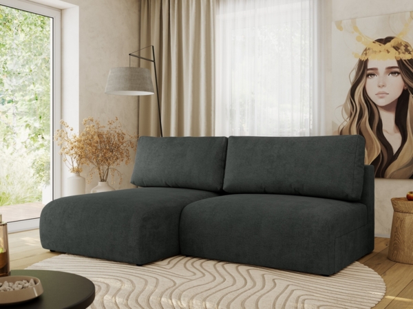 Ecksofa mit Schlaffunktion, lockere Kissen, Wohnzimmerecke mit L-förmigem und Bettkästen, Wellenfeder auf dem Sitz - VIVO - Dunkelgrau Struktur - linke Seite