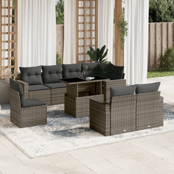 vidaXL 9-tlg. Garten-Sofagarnitur mit Kissen Grau Poly Rattan 3267410