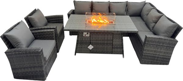 Fimous Hoher Rücken Rattan Ecksofa Set Gartenmöbel Sofa Gas Feuertisch Gasheizung mit 2 Sessel 8 Sitzer