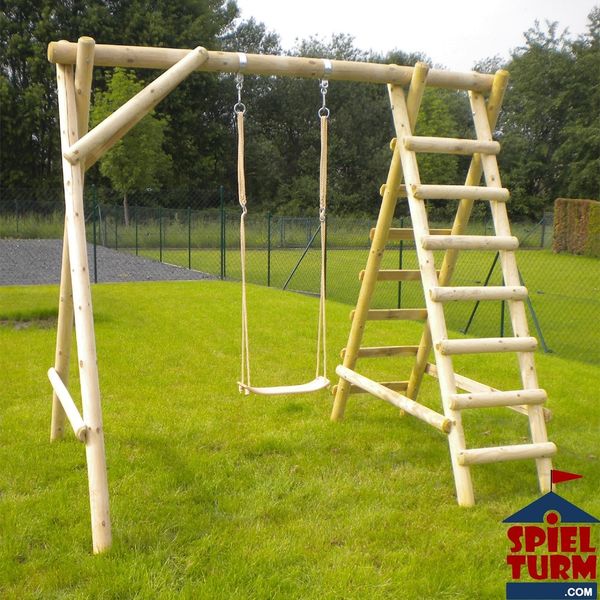 Schaukelbock / Einfachschaukel Merlin inkl. Kletterelement und Bodenanker - Material: Kiefernholz – Schaukelsitz: Holz – Maße: 190 x 240 x 220 cm