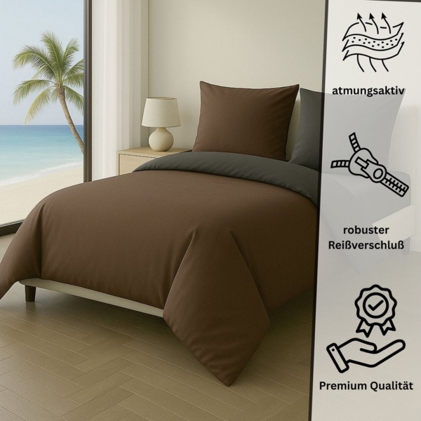 Leonado Vicenti Bettwäsche Luxus Satin-Bettwäsche aus 100 % Baumwolle, Satin, 2 teilig, Wendebettwäsche, hochwertig, dezenter Glanz, Unifarben, Anthrazit Bild 3