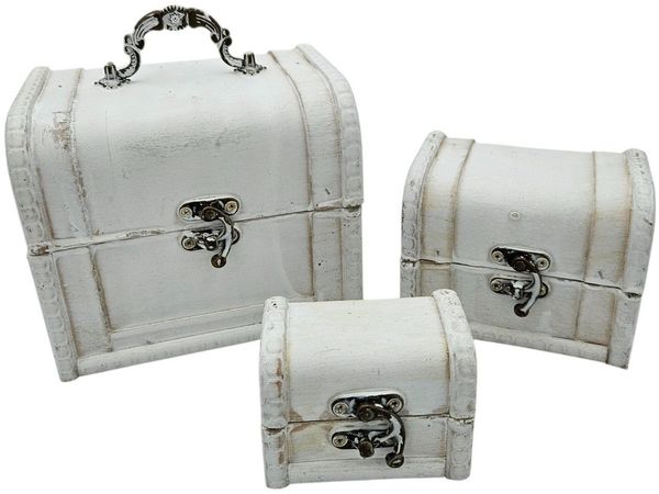 Meinposten Schatzkiste Holzkiste mit Deckel Kiste weiß braun kleine Schatztruhe 3er Set (Groß, mittel, klein, 3 St, 3er Set)