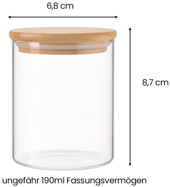 mixed24 Vorratsglas 12x 190ml Vorratsgläser mit Bambusdeckel 18x Etiketten 1x Stift, Gewürzgläser DIY Gläser