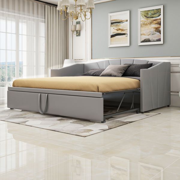Polsterbett Ausziehbares Schlafsofa 90/180*200 cm mit Lattenrosten, Multifunktionsbett aus hautfreundlichem Samtstoff Grau