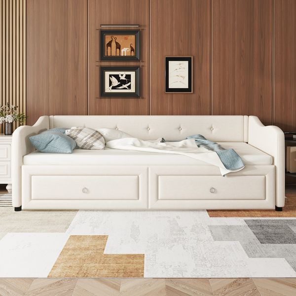 Bett Ausziehbett 90/180x200 cm, Leinen beige, mit 2 Schubladen