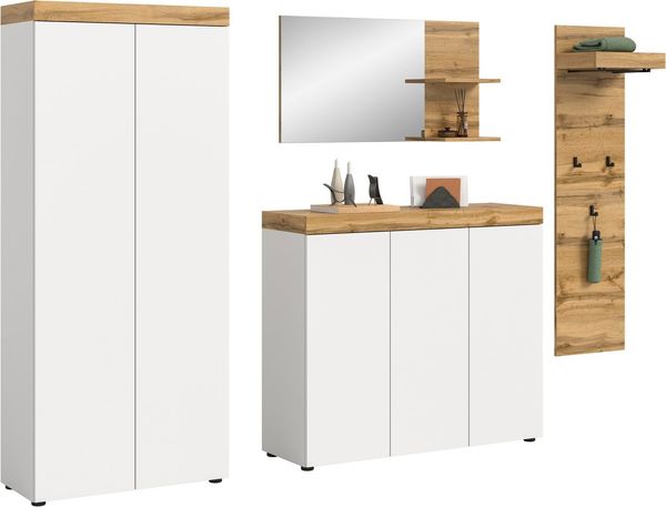 OTTO home Garderoben-Set MAMBO, TOPSELLER!, 4-teilige Kombination, stehend & hängend montierbar, (4-St, bestehend aus: Garderobenschrank, Kommode, Spiegel, Garderobenpaneel), Garderoben-Kombi, Garderobe, Flur, Diele