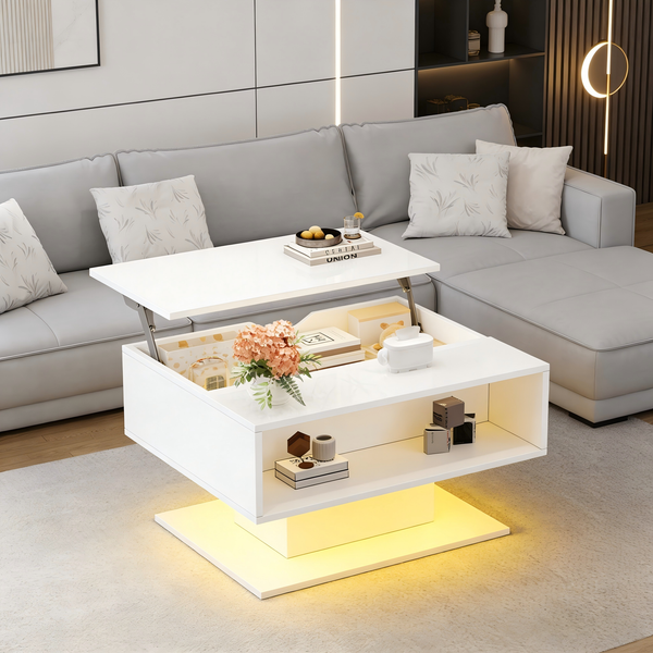 Couchtisch 80x75x40 cm in Weiß mit Hubfunktion, Hochglanz-Oberfläche, LED-Lichtstreifen und Stauraum