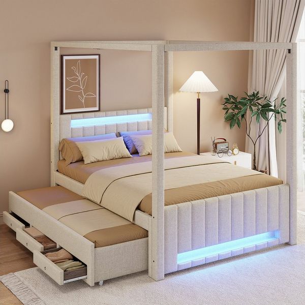 Flieks Polsterbett, Himmelbett 140x200cm mit Ausziehbett 90x190cm 3 Schubladen LED-Leiste