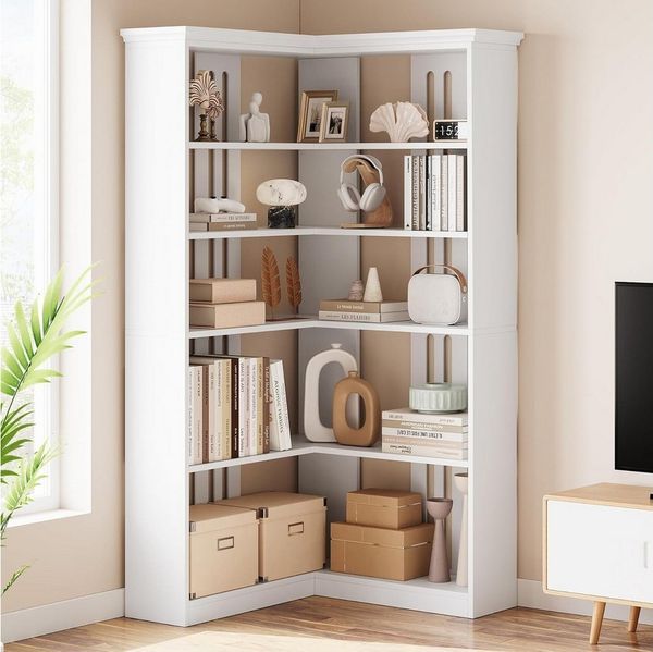 GarveeMore Bücherregal 5-stöckiges Eckbücherregal Ablageregal Standregal Mehrzweckregal, L-förmiges Regal Stauraumregal für Wohnzimmer, Schlafzimmer, Büro