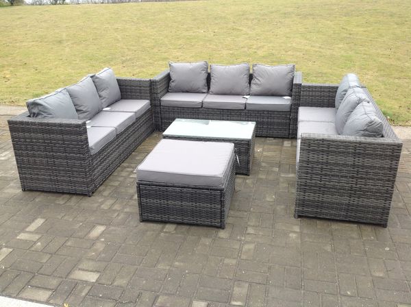 Fimous Rattan Garten Möbel Lounge Sofa im Freien mit länglichem Couchtisch mit großem Fußhocker