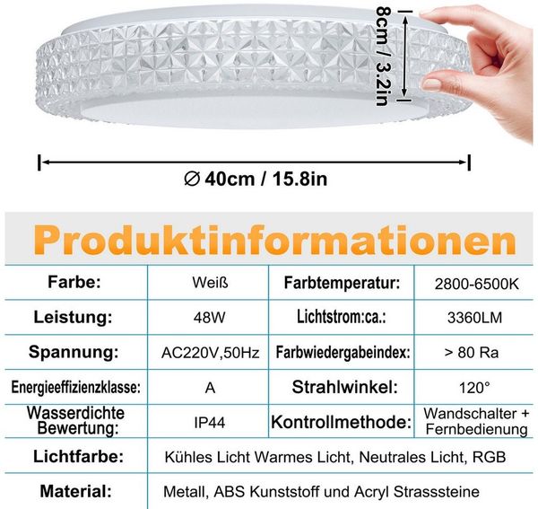 FIVMEN LED Deckenleuchte LED Rund Deckenlampe mit Fernbedienung RGB Farbwechsel, Sternenhimmel LED Deckenleuchten für Schlafzimmer Küche Bild 2