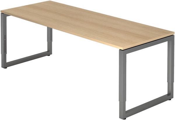 bümö höhenverstellbarer Schreibtisch R-Serie 200x80 cm in Eiche, Gestell in Graphit - großer PC Tisch für's Büro manuell höhenverstellbar, Computertisch verstellbar, RS-20-E-G
