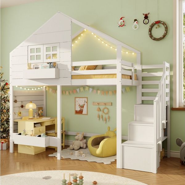 Merax Hochbett 90x200cm mit Unterbett-Spielbereich (1-St, Etagenbett Jugendbett Stockbett Einzelbett Hausbett) Massivholz Kinderbett mit Stauraumtreppe, Rausfallschutz & Fenster