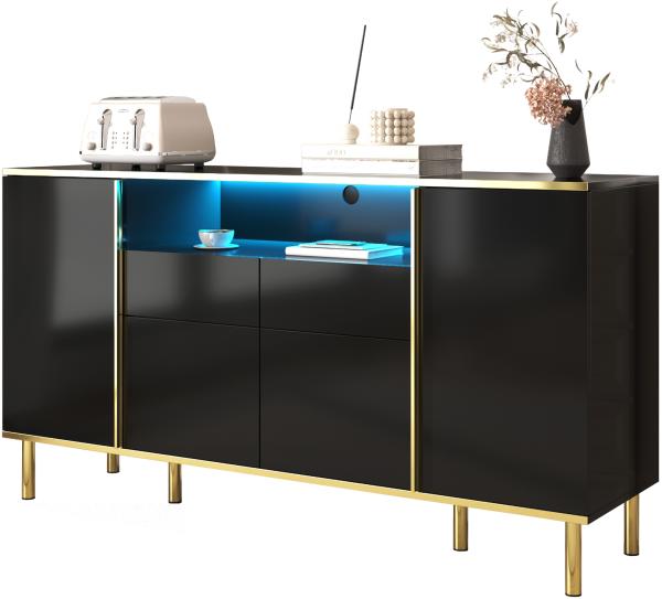 Merax Sideboard, hochglanz mit LED, Kommode mit goldenen Rahmen, Anrichte, Breite 150cm