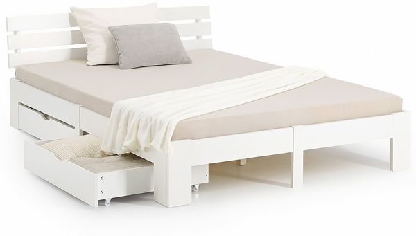 Doppelbett mit 2 Bettkästen 140x200 cm Lattenrost Bett Weiß Holzbett Bettgestell Futonbett