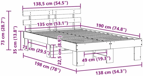 vidaXL Bettrahmen mit Kopfteil Natur 135 x 190 cm Massives Kiefernholz 872449 Bild 9